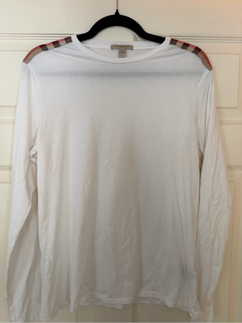 Burberry White Long Sleeve Tee with Signature Check Shoulder Trim